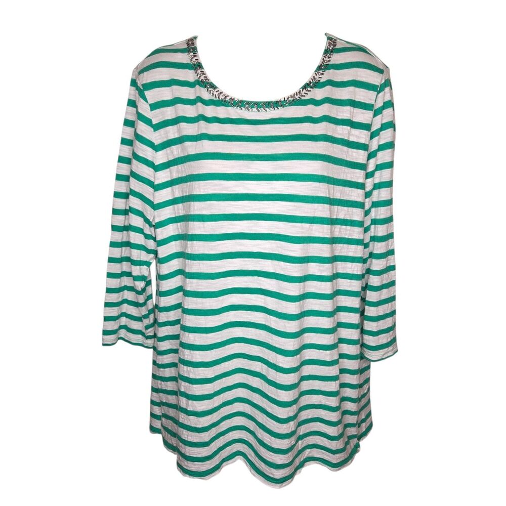 Chicos Green White Striped Embellished Neck 3/4 Sleeve Top Size 3 XL Tie Back
